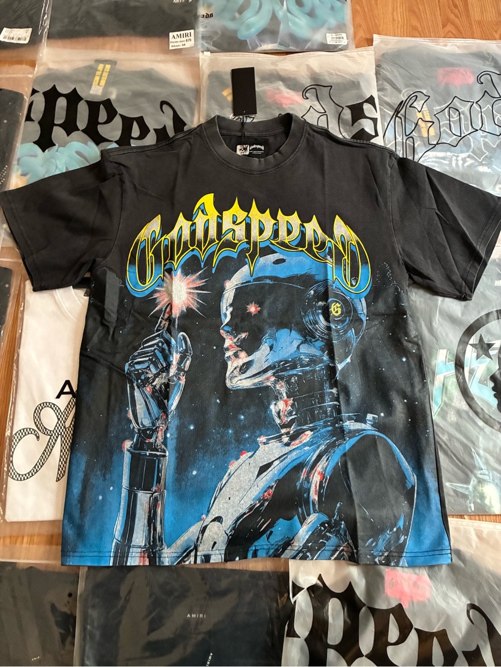 Amiri Black Short-Sleeve Graphic Tee - Blue Robot Print